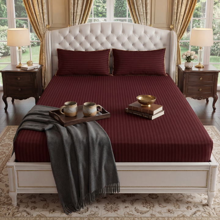 MAROON stripe satin fitted bedsheet - (premium)