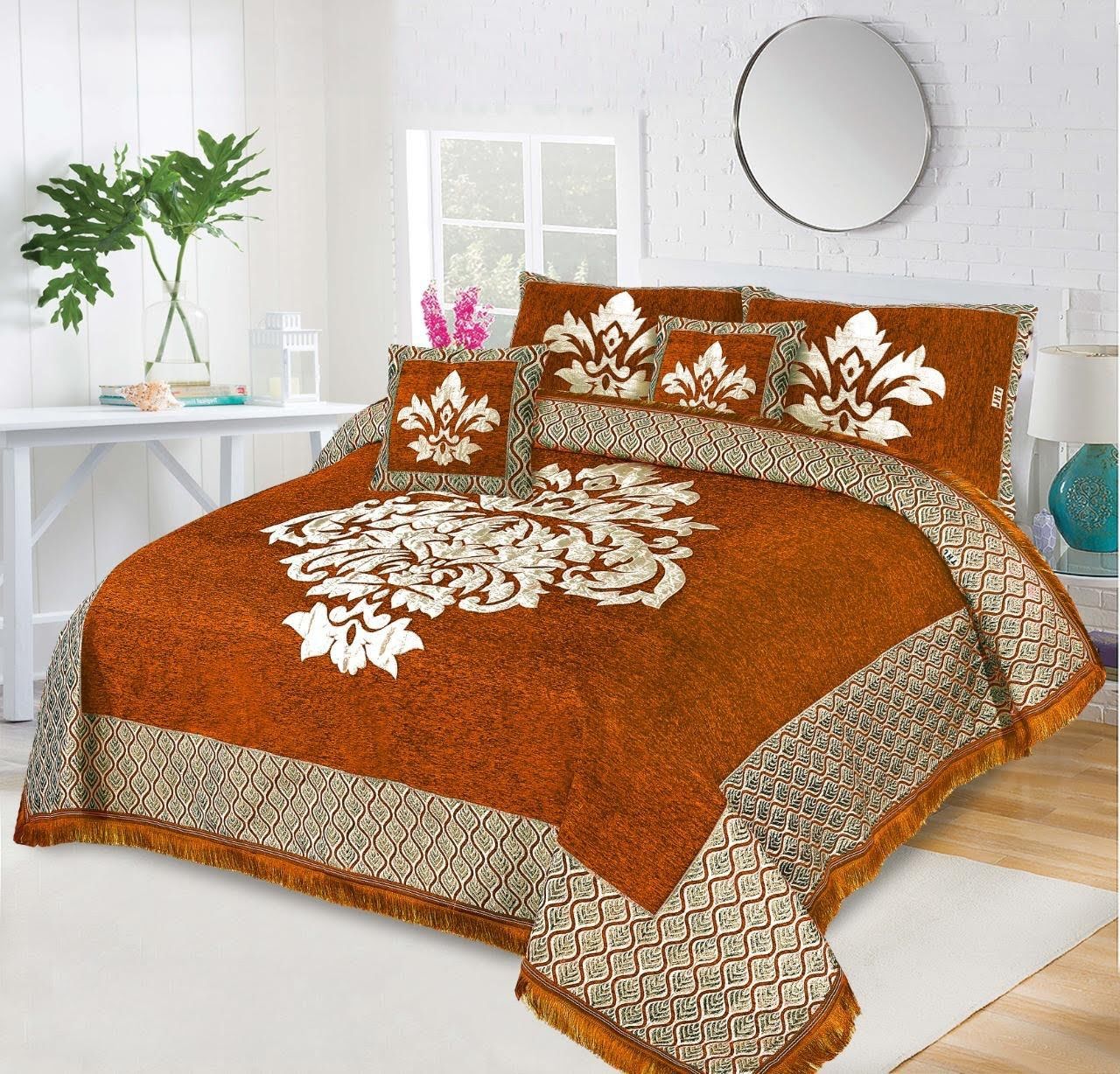 JACQUARD LUXURY ORANGE BEDSHEET SET- 5 PCS
