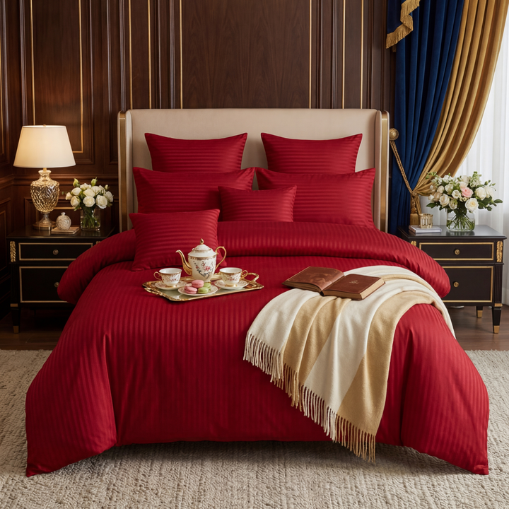 RED SATIN STRIPE DUVET COVERS SET 8 PCS