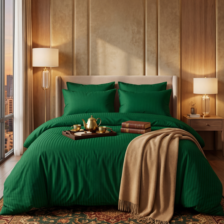 GREEN SATIN STRIPE BEDSHEET SET - 5 PCS