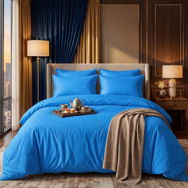 BLUE SATIN STRIPE BEDSHEET SET - 5 PCS