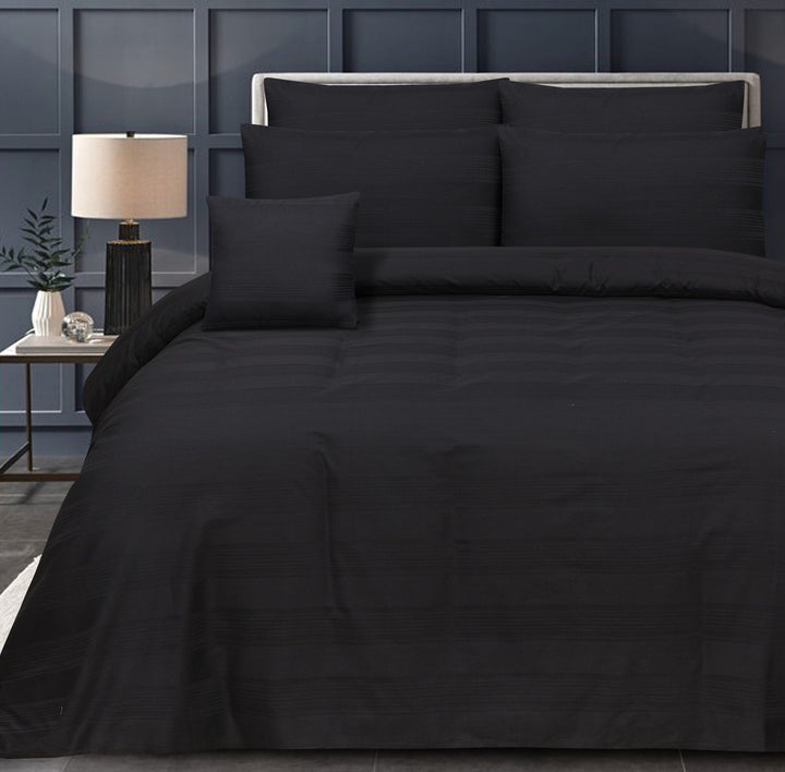 WIDE STRIPES BLACK BEDSHEET SET - 6 PCS (SATIN)