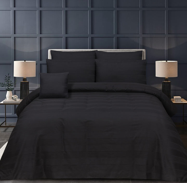 WIDE STRIPES BLACK BEDSHEET SET - 6 PCS (SATIN)