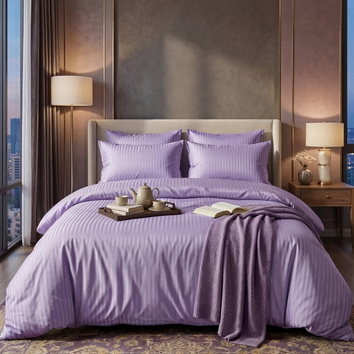 L.PURPLE SATIN STRIPE BEDSHEET SET - 5 PCS