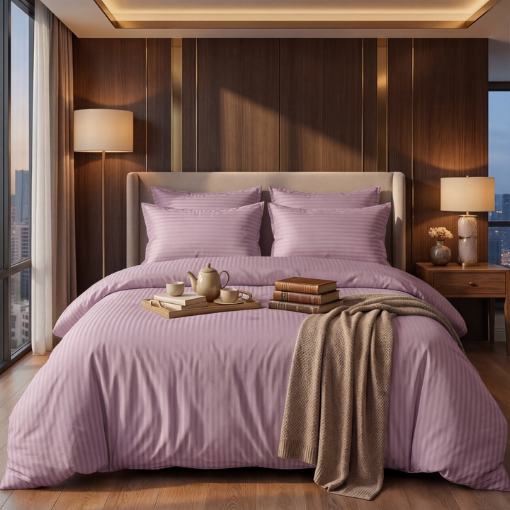 PLUM SATIN STRIPE BEDSHEET SET - 5 PCS