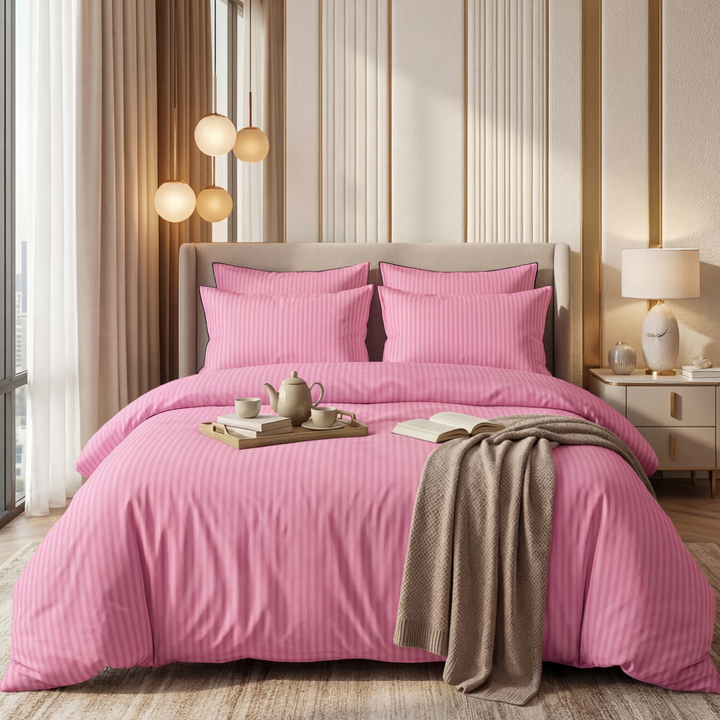 PINK SATIN STRIPE BEDSHEET SET - 5 PCS