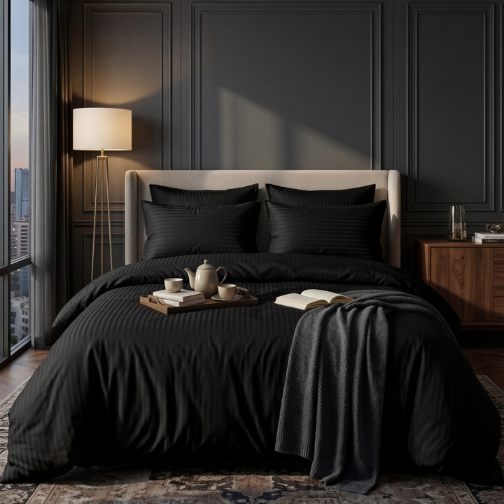 BLACK SATIN STRIPE BEDSHEET SET - 5 PCS