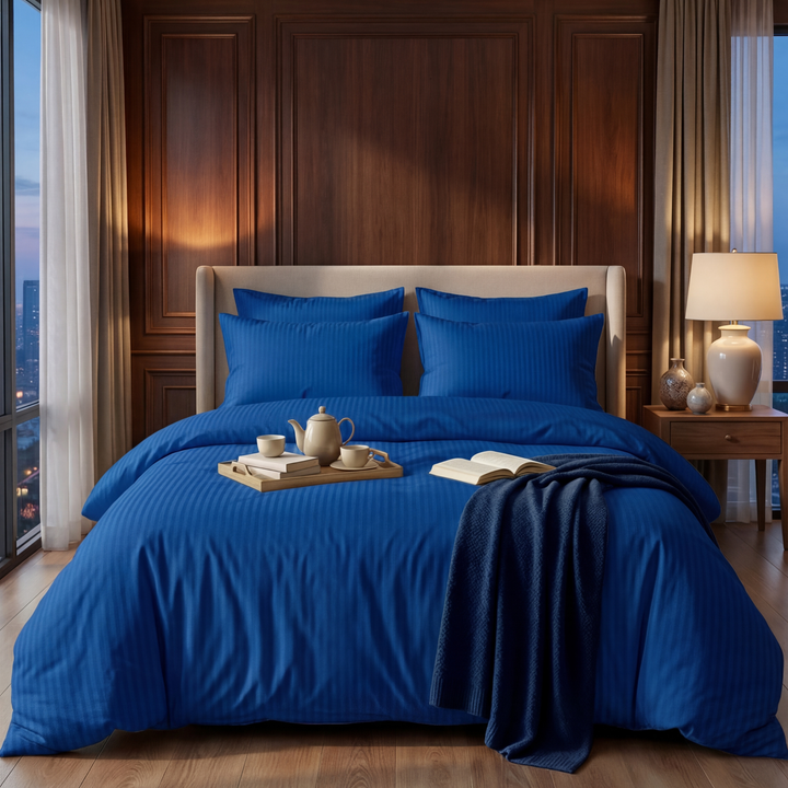 NAVY SATIN STRIPE BEDSHEET SET - 5 PCS