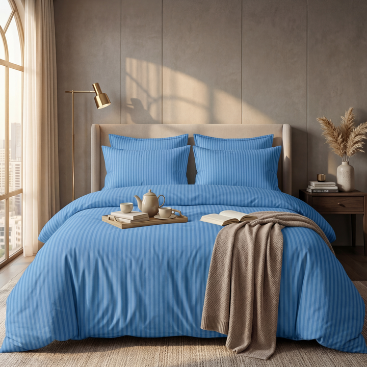 DUSTY BLUE SATIN STRIPE BEDSHEET SET - 5 PCS