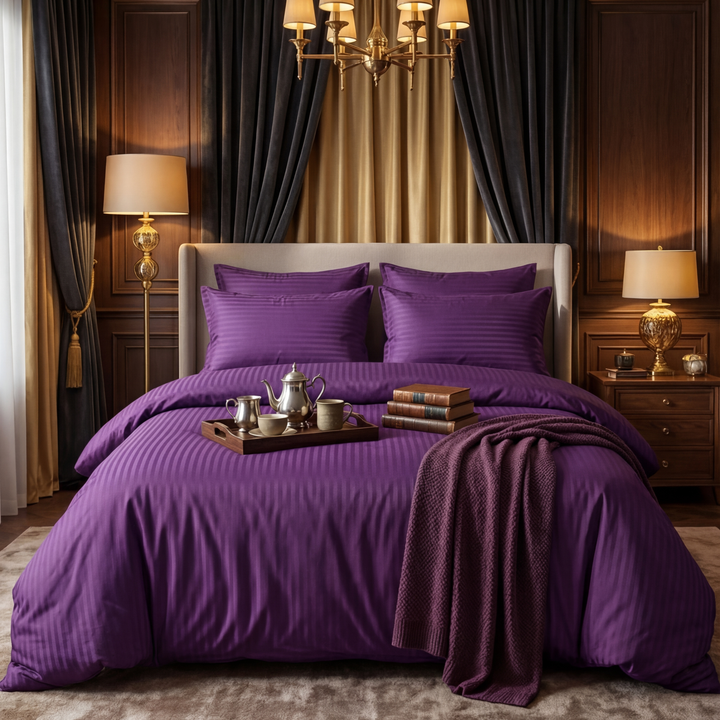 PURPLE SATIN STRIPE BEDSHEET SET - 5 PCS