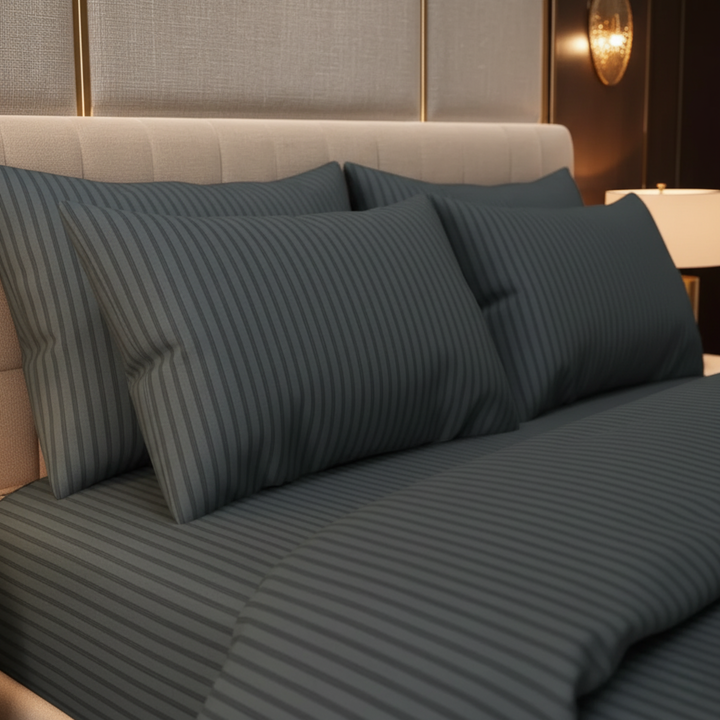 GREY SATIN STRIPE BEDSHEET SET - 5 PCS