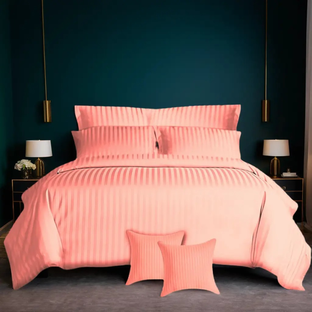 PINK SATIN STRIPE DUVET SET 8 PCS | EXPERIENCE UNMATCHED LUXURY