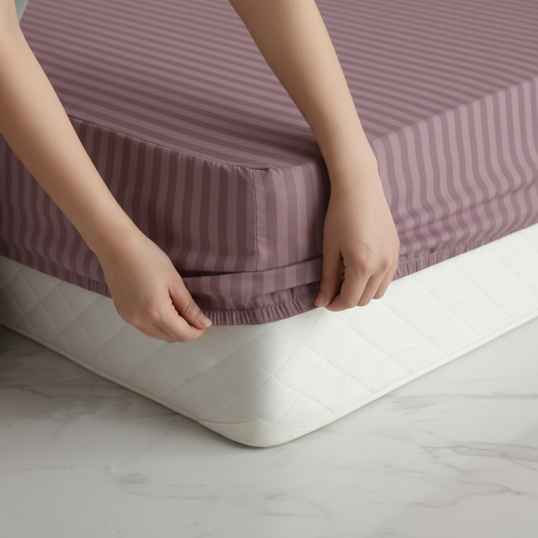 PLUM stripe satin fitted bedsheet - (premium)