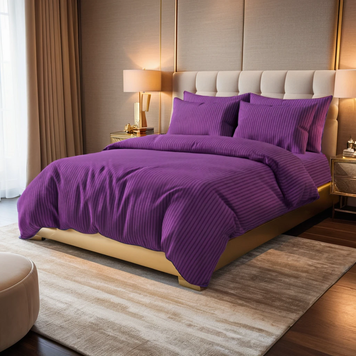 PURPLE SATIN STRIPE BEDSHEET SET - 5 PCS