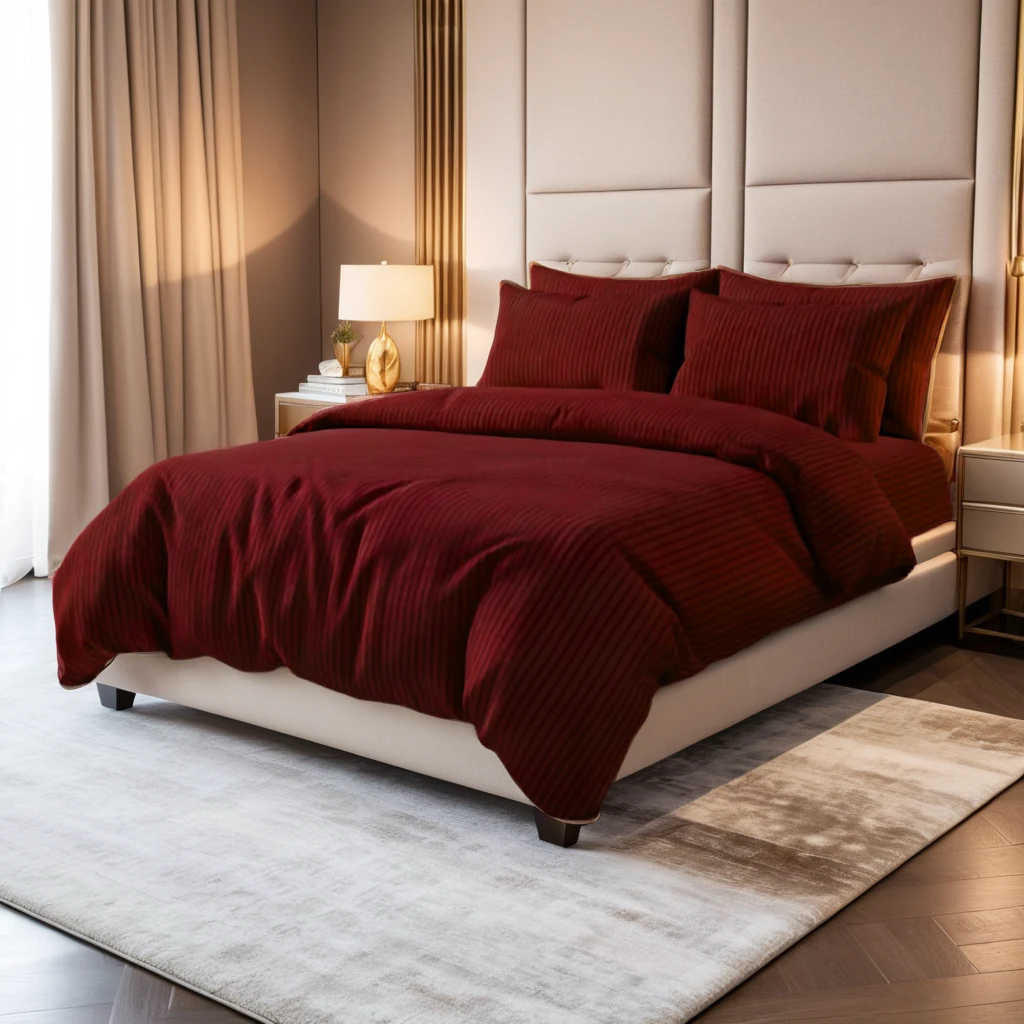 MAROON SATIN STRIPE BEDSHEET SET - 5 PCS