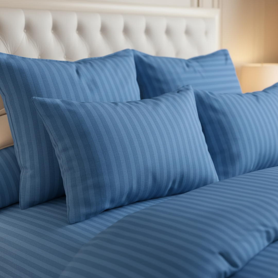 DUSTY BLUE SATIN STRIPE DUVET COVERS SET 8 PCS