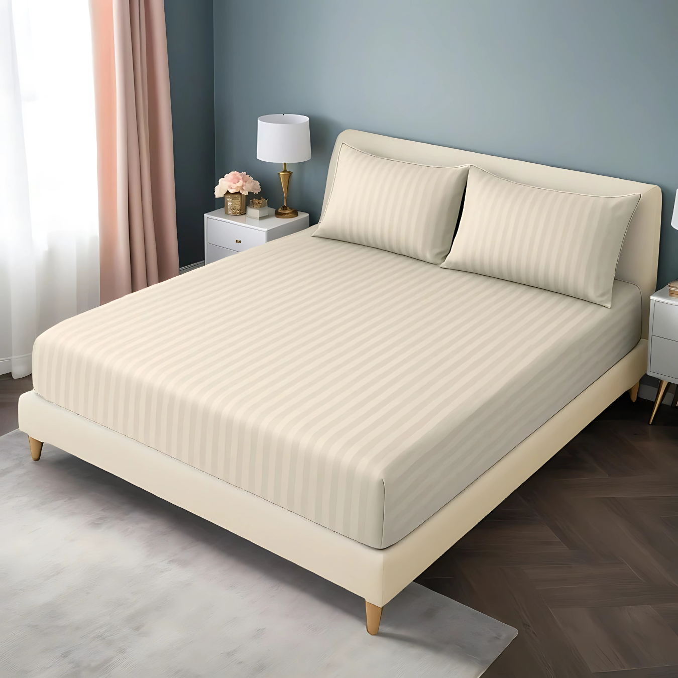 ivory stripe satin fitted bedsheet - (premium)