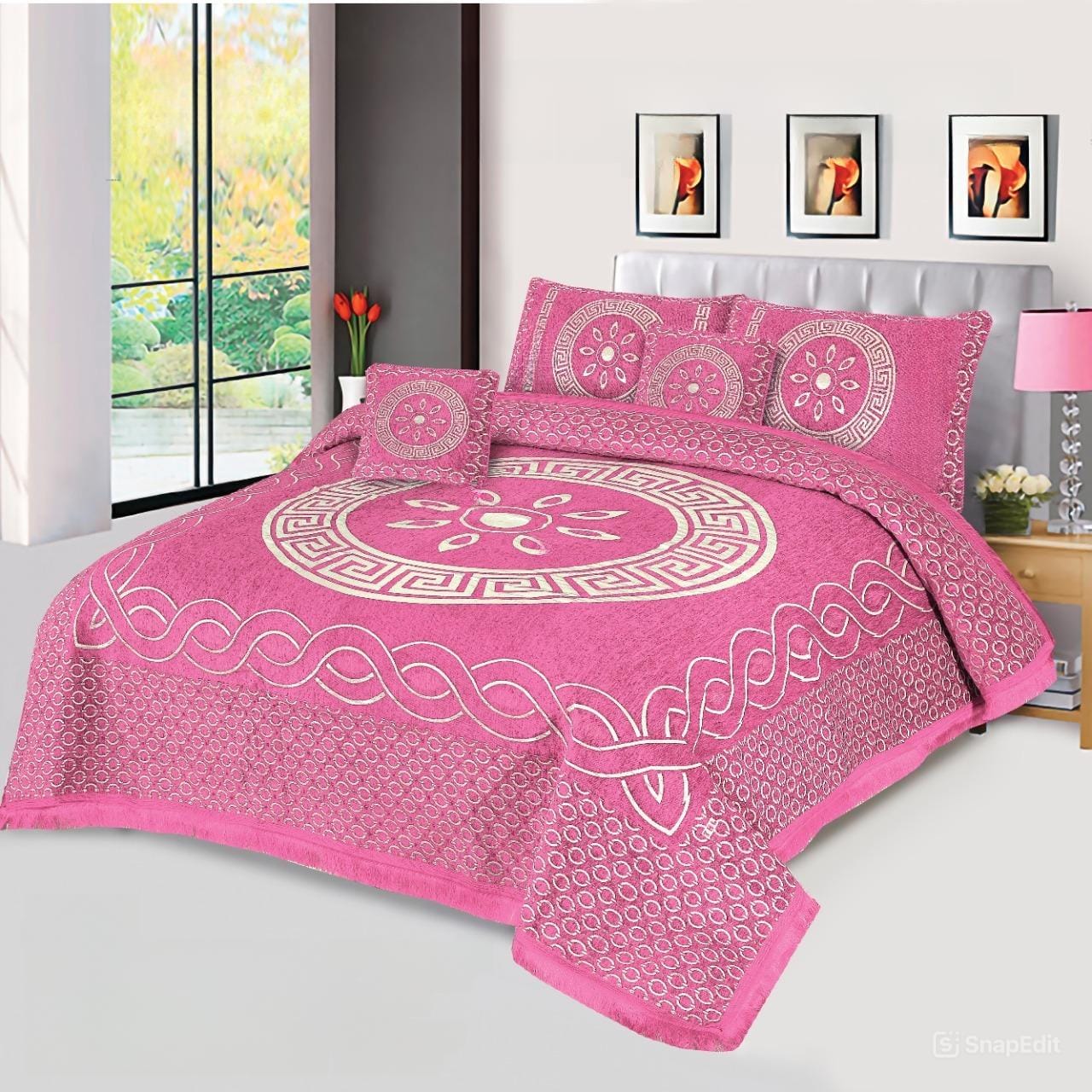 JACQUARD LUXURY PINK BEDSHEET SET- 5 PCS
