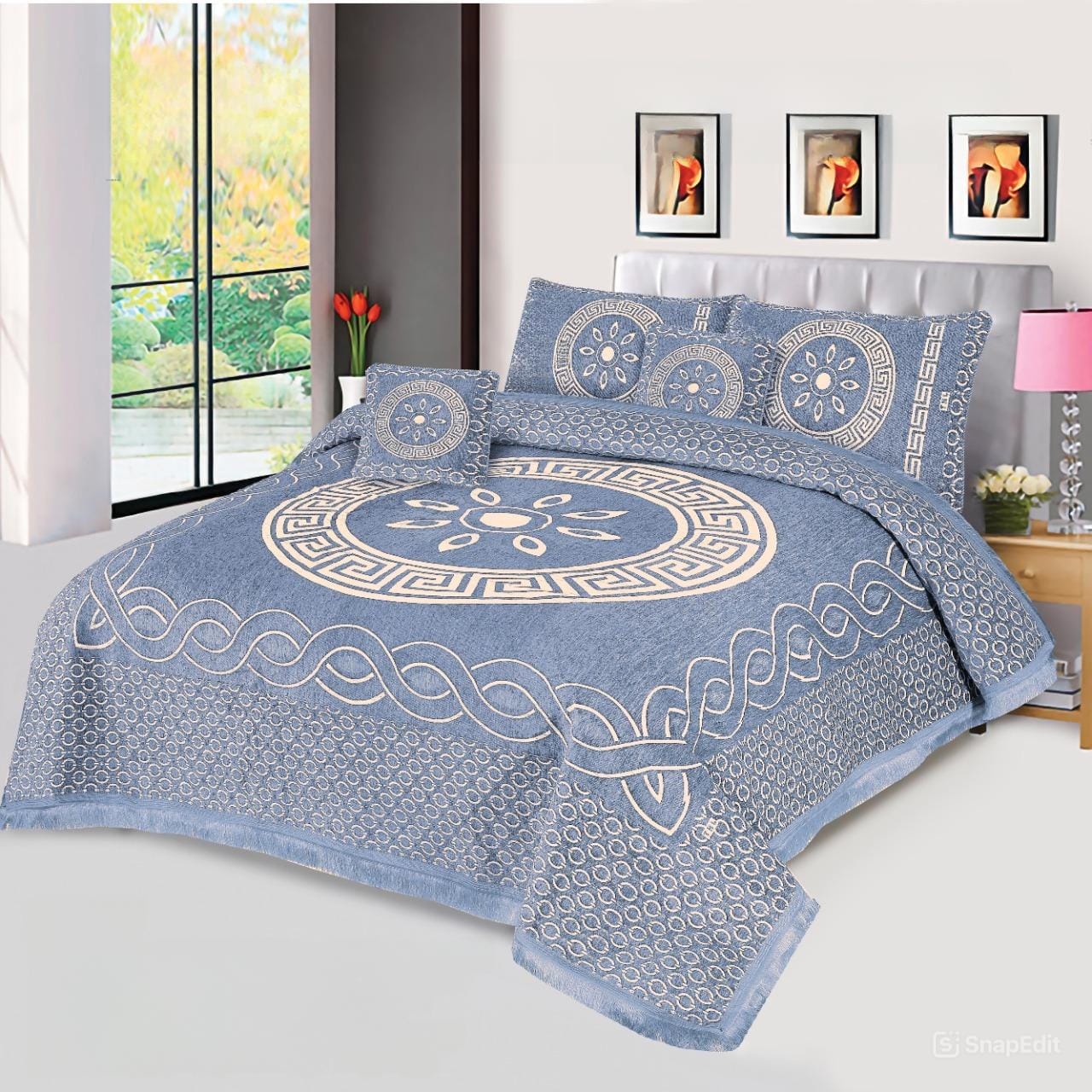 JACQUARD LUXURY SKY BLUE  BEDSHEET SET- 5 PCS