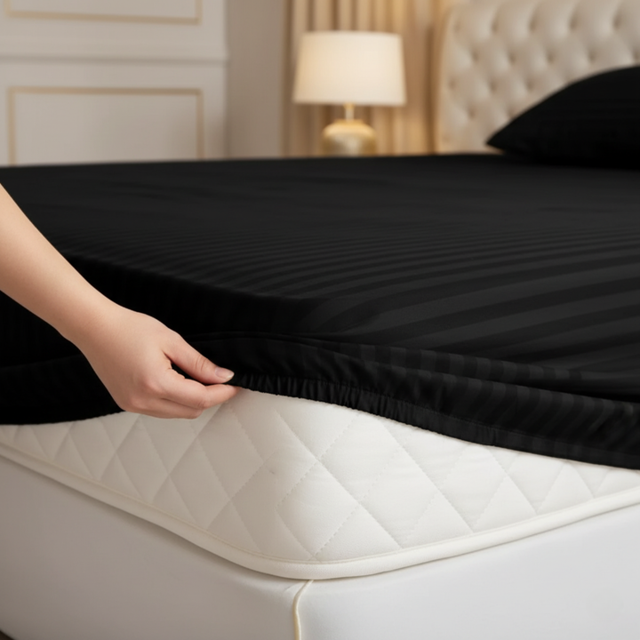 BLACK stripe satin fitted bedsheet - (premium)