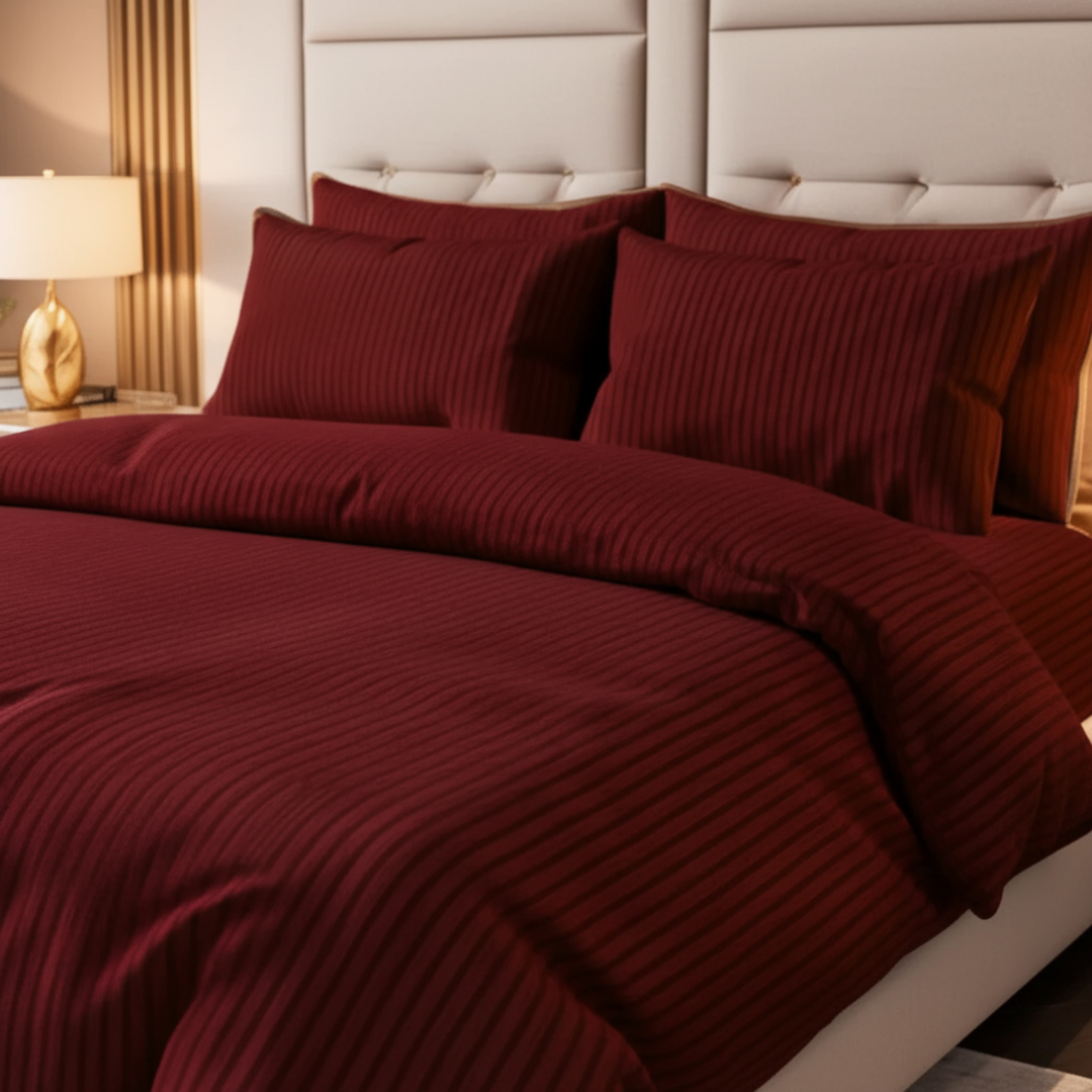 MAROON SATIN STRIPE BEDSHEET SET - 5 PCS