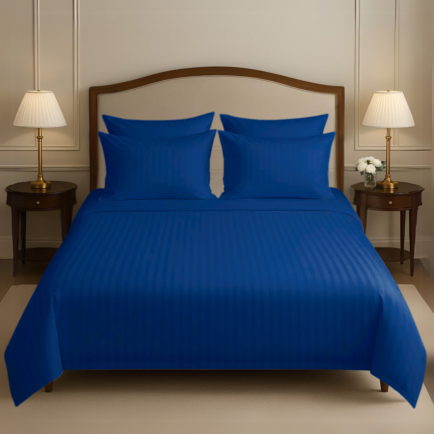 NAVY SATIN STRIPE BEDSHEET SET - 5 PCS