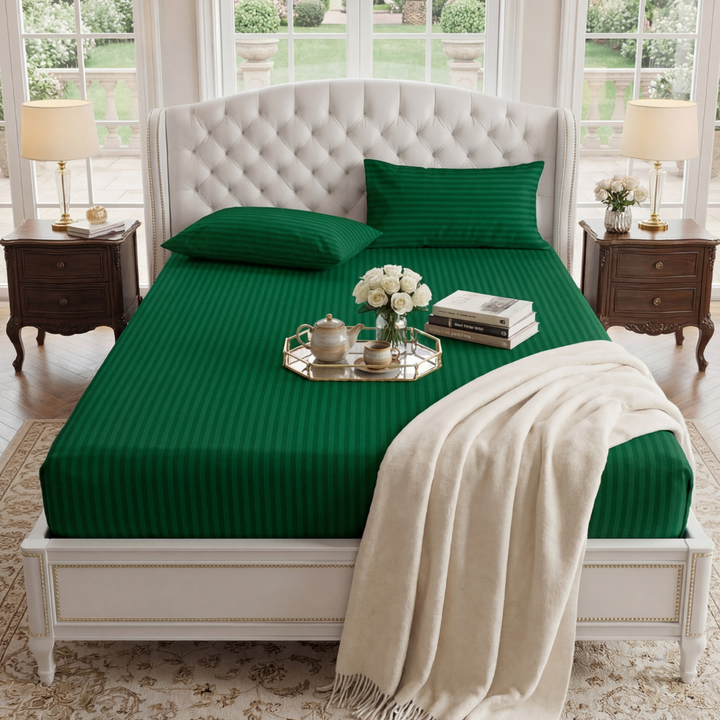 GREEN stripe satin fitted bedsheet - (premium)