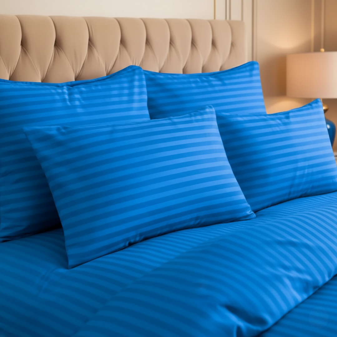 BLUE SATIN STRIPE DUVET COVERS SET 8 PCS