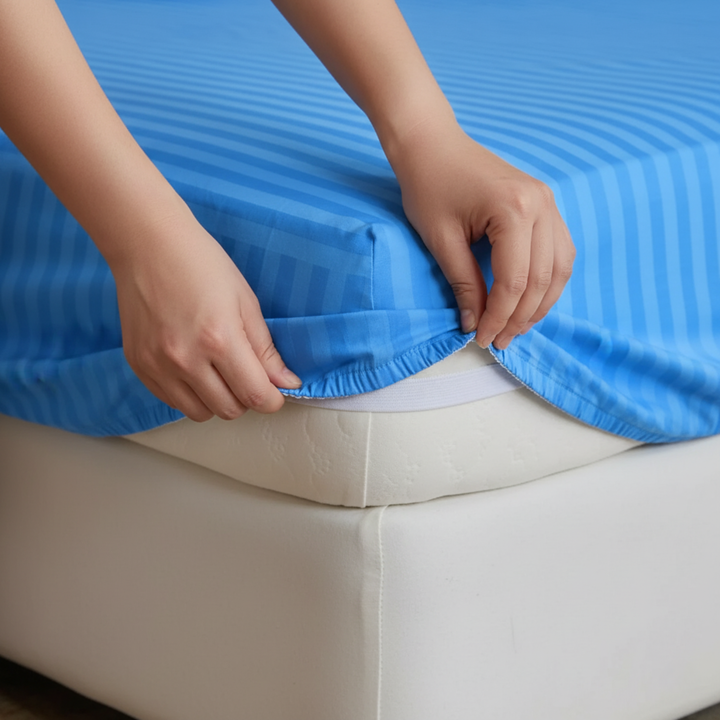 BLUE stripe satin fitted bedsheet - (premium)