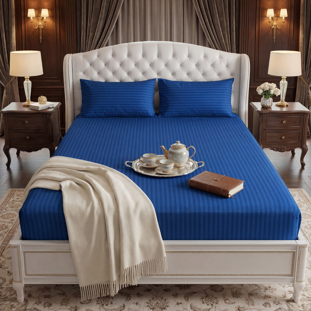 NAVY stripe satin fitted bedsheet - (premium)