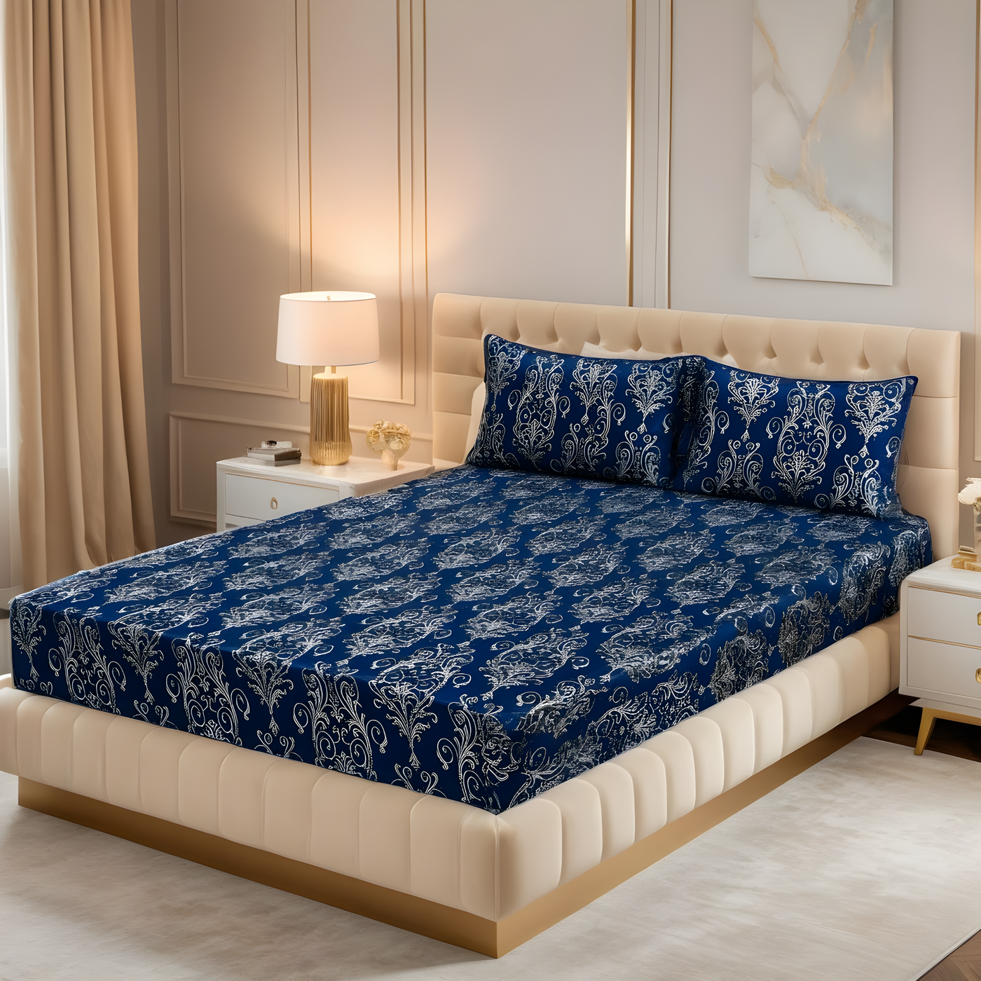 FLOWER/BLUE VELVET fitted bedsheet - (premium)