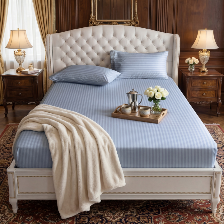 silver stripe satin fitted bedsheet - (premium)