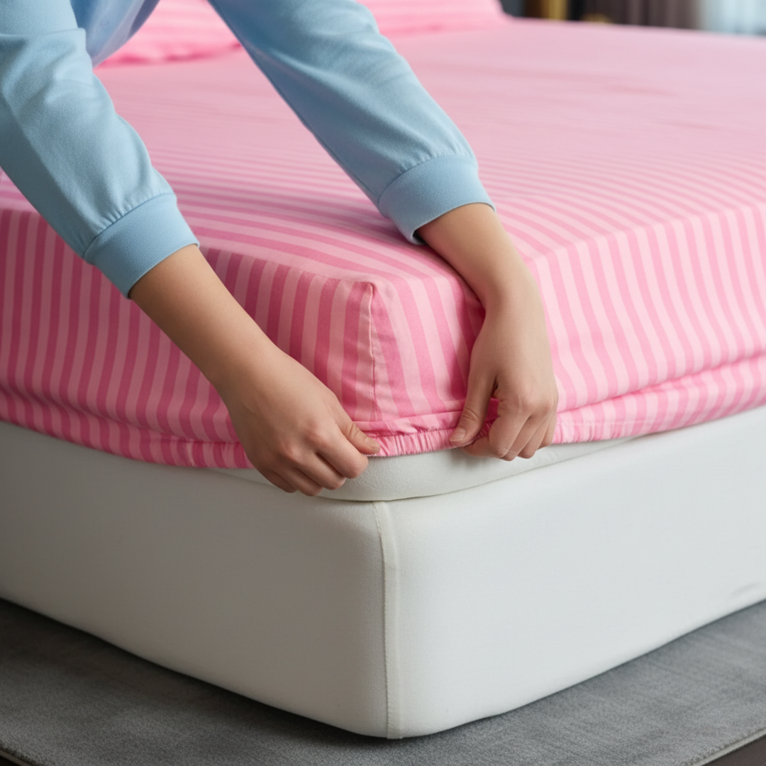 PINK stripe satin fitted bedsheet - (premium)