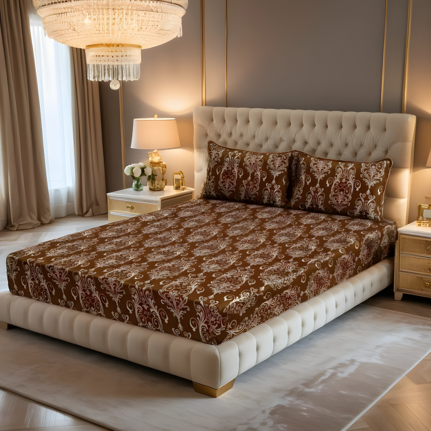 FLOWER/BROWN VELVET fitted bedsheet - (premium)