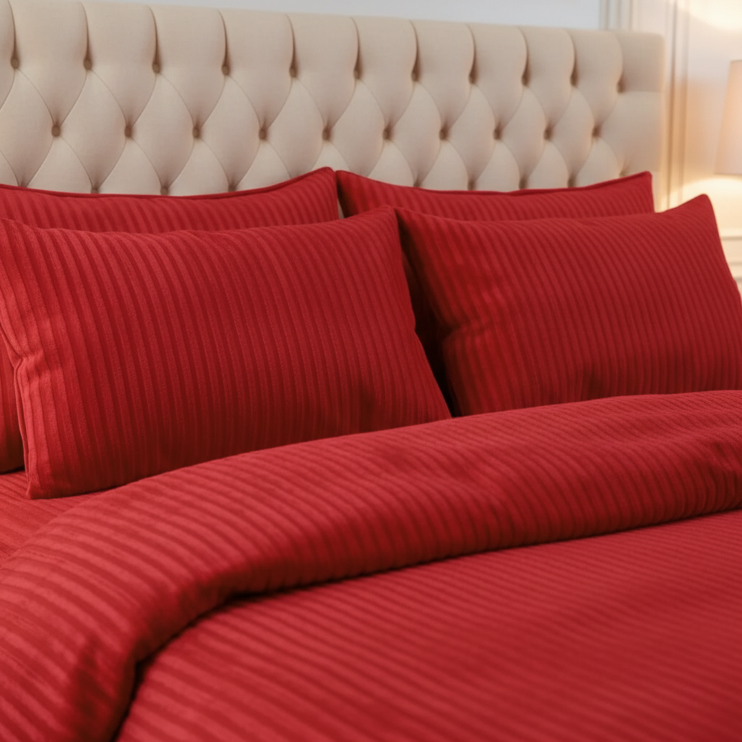 RED SATIN STRIPE BEDSHEET SET - 5 PCS