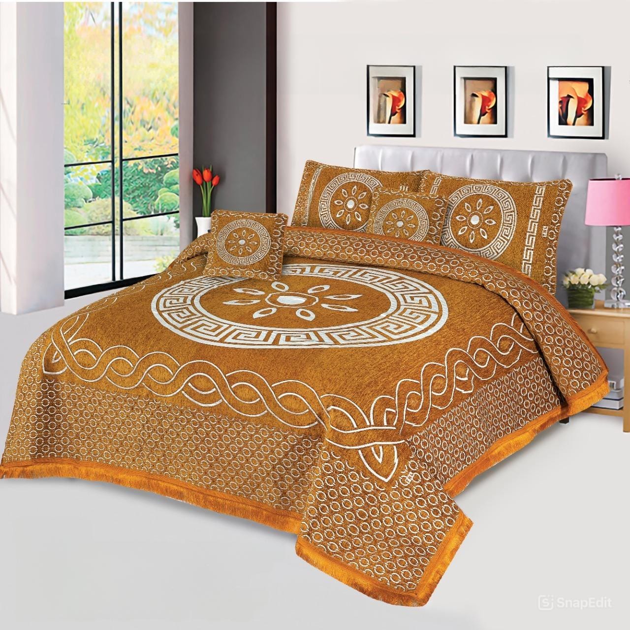 JACQUARD LUXURY YELLOW BEDSHEET SET- 5 PCS