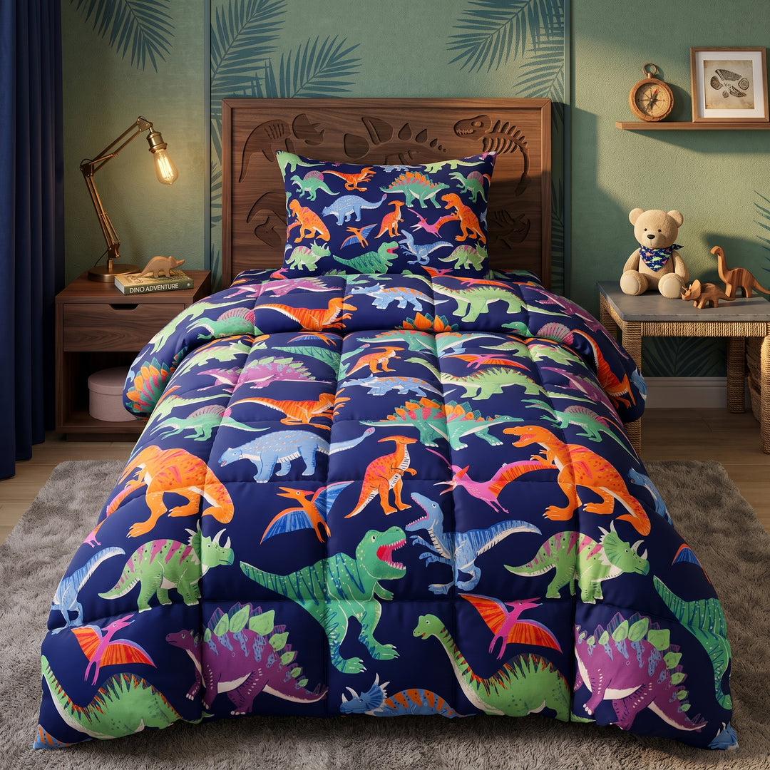 BLUE DINO -KIDS Comforter Set- 3 Pcs