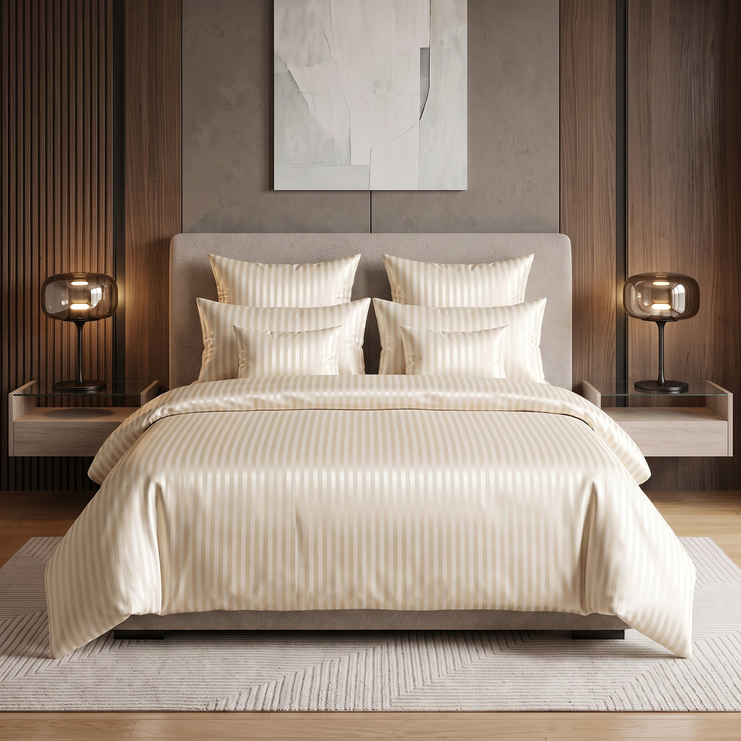IVORY SATIN STRIPE DUVET COVERS SET 8 PCS