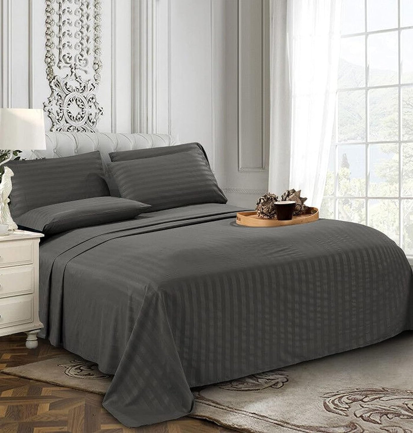 GREY SATIN STRIPE BEDSHEET SET - 5 PCS