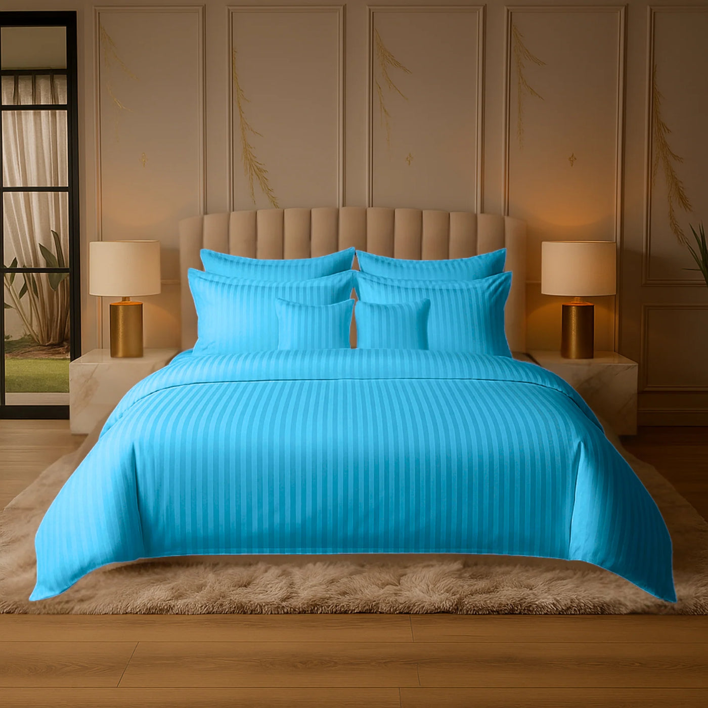 MINT SATIN STRIPS  SUMMER COMFORTER SET- 8 PCS