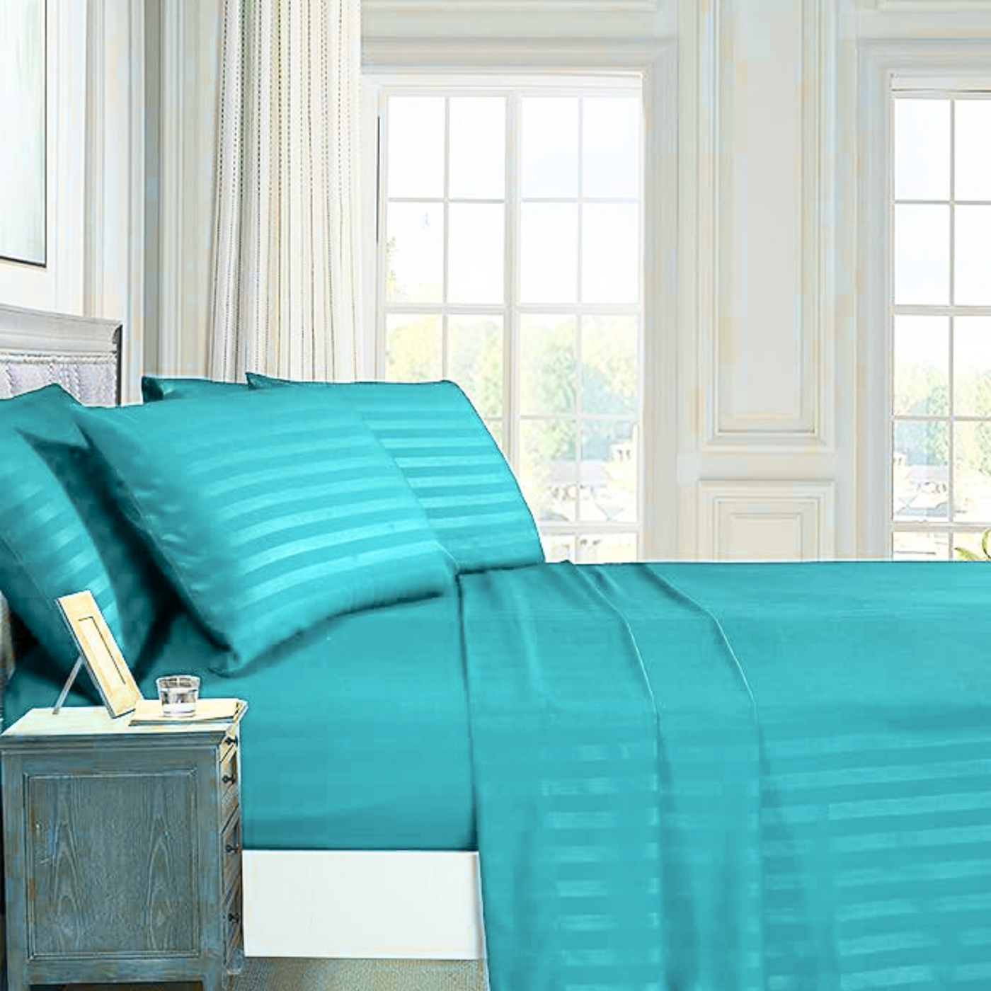 MINT SATIN STRIPE BEDSHEET SET - 5 PCS