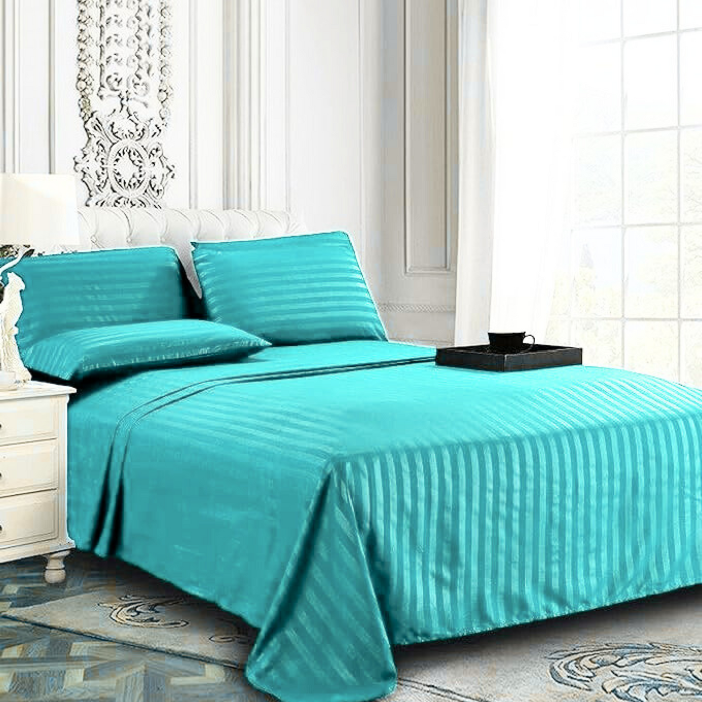 MINT SATIN STRIPE BEDSHEET SET - 5 PCS