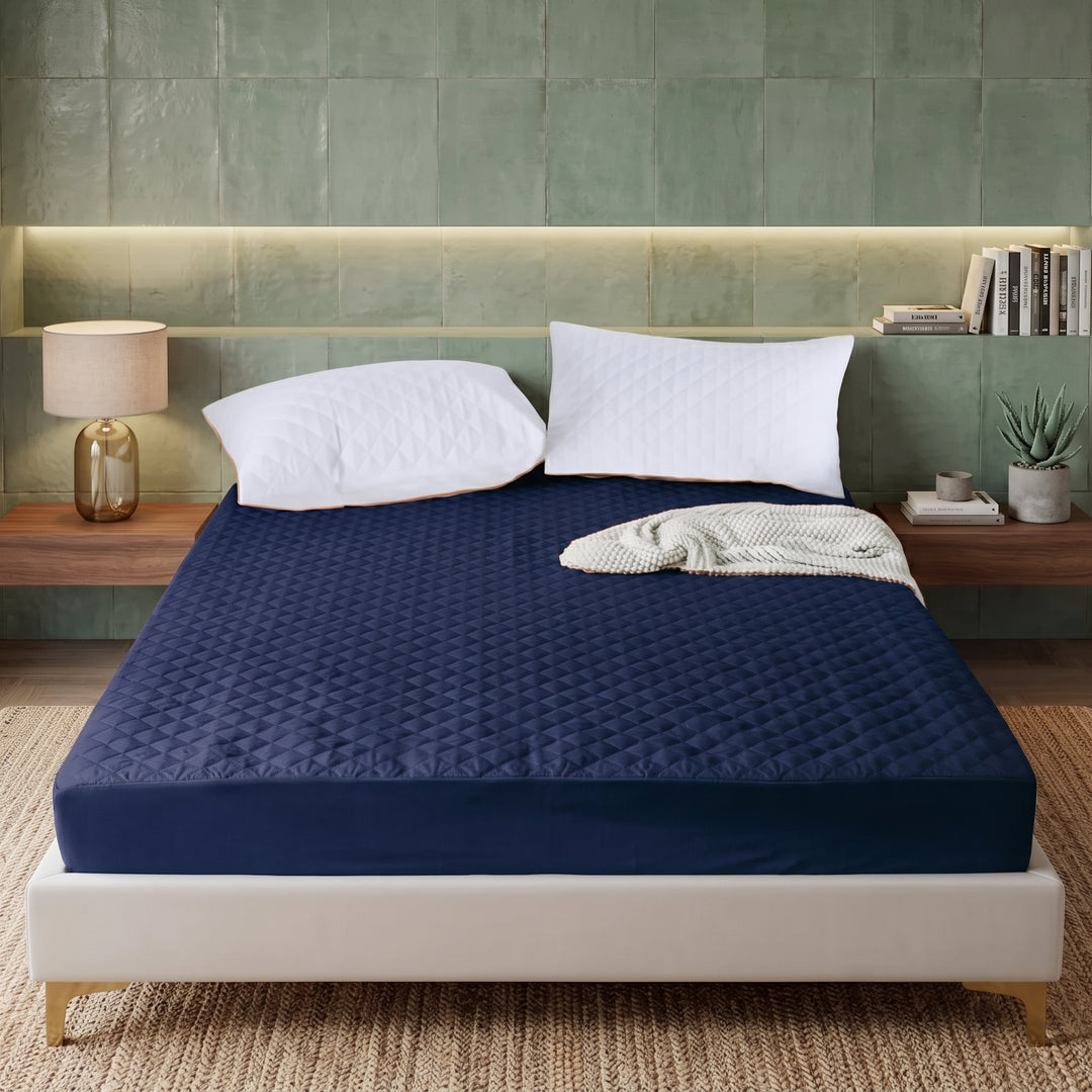 NAVY QUILTED WATERPROOF MATTRESS FITTED COVER