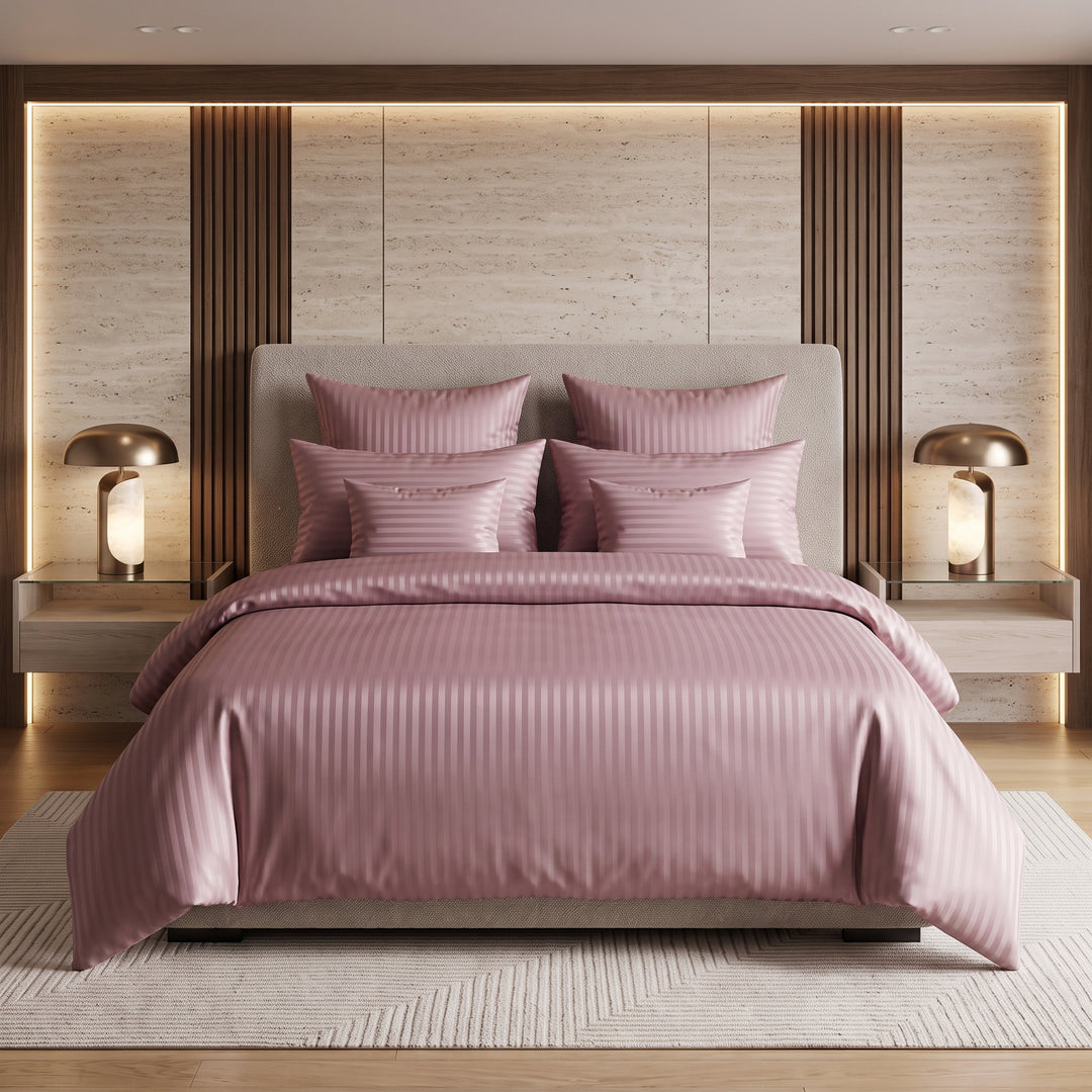 PLUM SATIN STRIPE DUVET COVERS SET 8 PCS