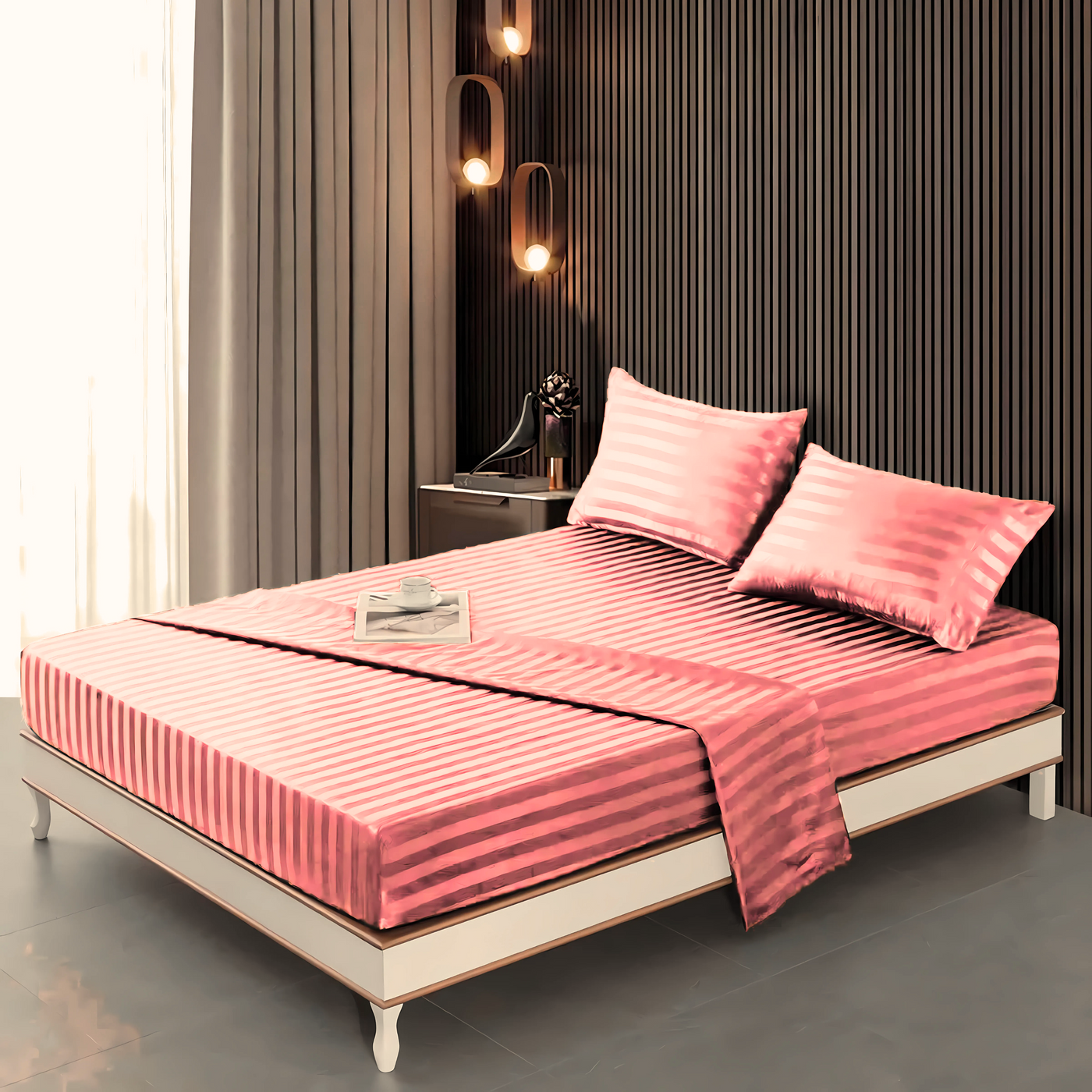 PINK STRIPE SATIN FITTED SHEET - (PREMIUM)