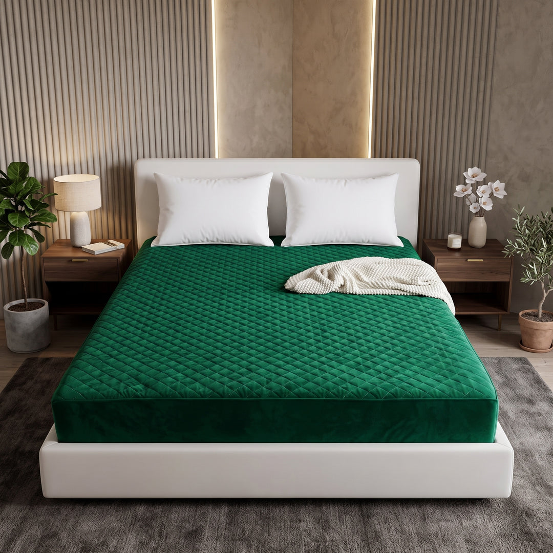 GREEN QUILTED WATERPROOF MATTRESS FITTED COVER