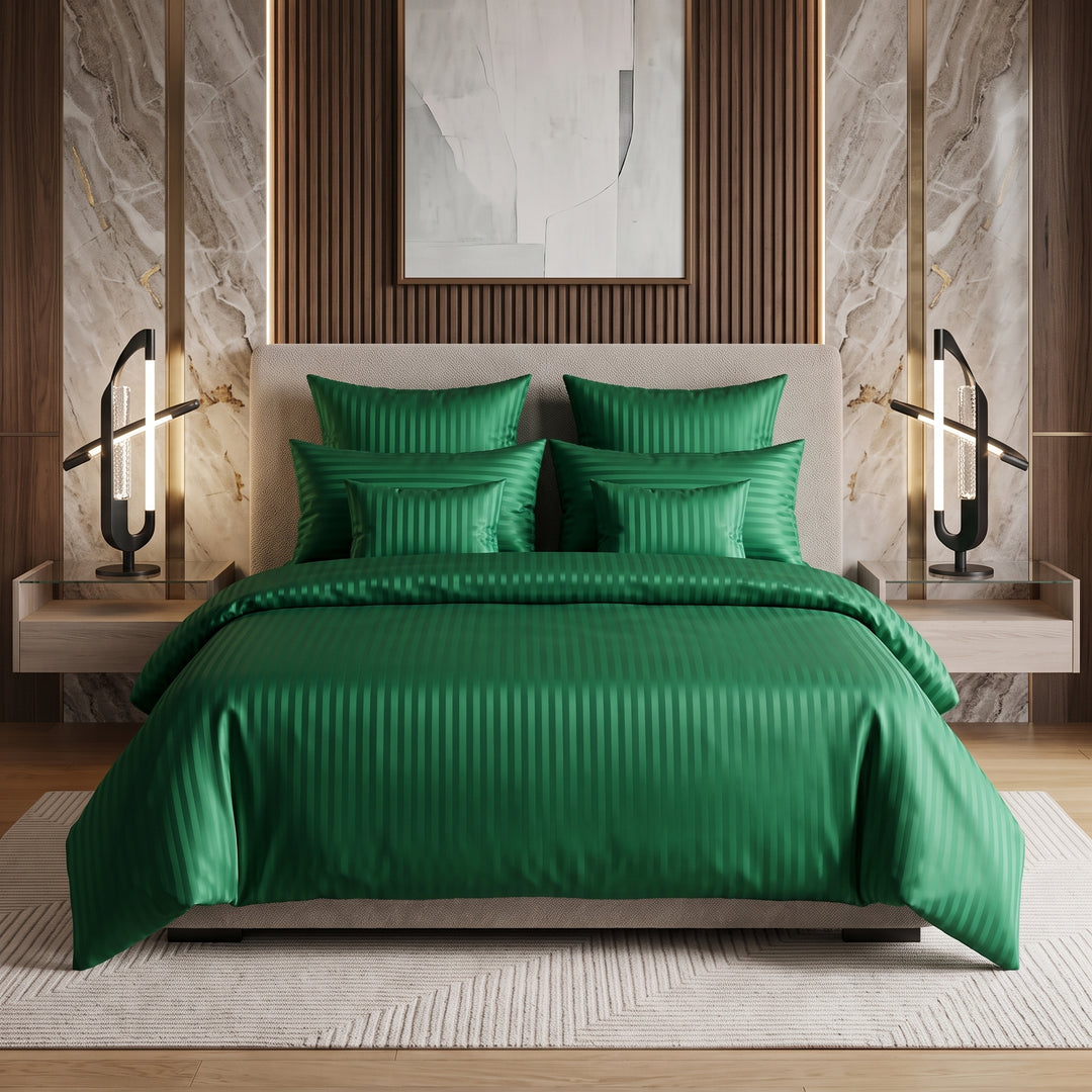 GREEN SATIN STRIPE DUVET COVERS SET 8 PCS