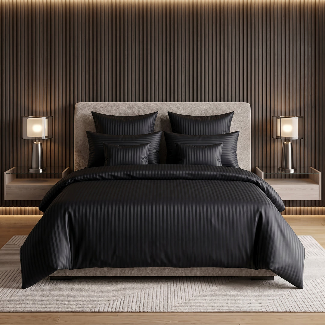 BLACK SATIN STRIPE DUVET COVERS SET 8 PCS
