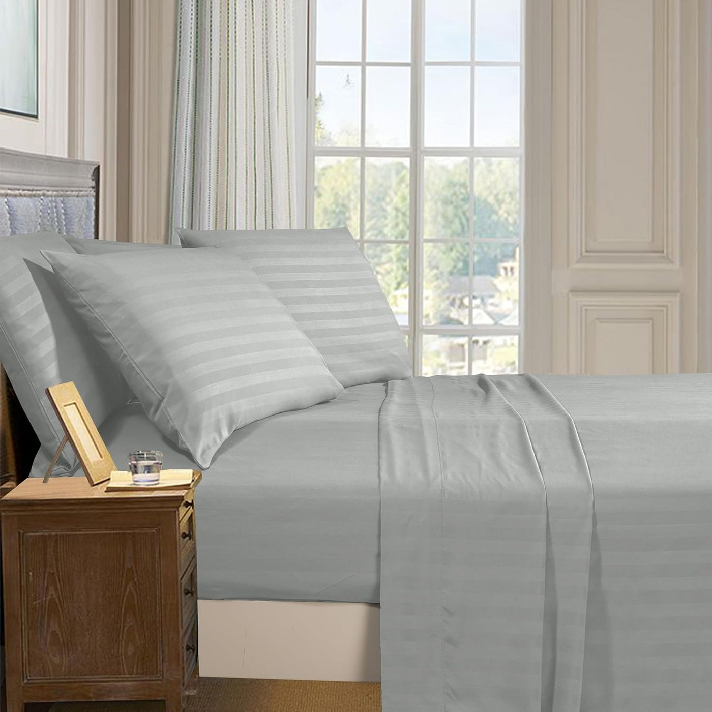 SILVER SATIN STRIPE BEDSHEET SET - 5 PCS