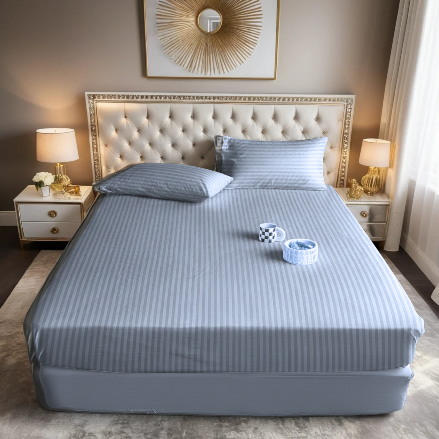 silver stripe satin fitted bedsheet - (premium)